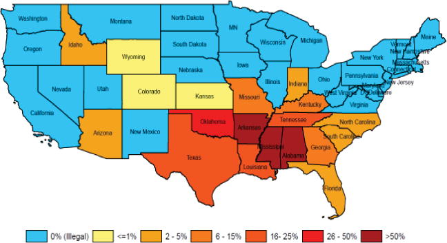 The use of corporal punishment by state in the US during the 2011-2012 school year. Corporal punishment in schools is still legal in 19 of the 50 US states. 