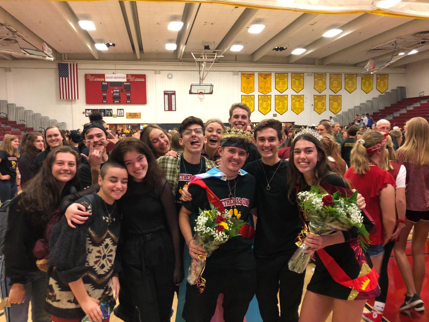 CJ Hendrie, pictured here with Homecoming Queen Torie Wolf, has been a student at Rocky for four years. If he was told freshman year he would have won his senior homecoming king, he never would have believed it. Students were excited for him at the Homecoming Assembly.
