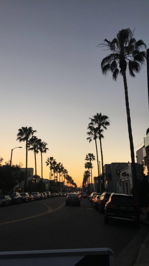 A beautiful sunset in the streets of Santa Monica, California.