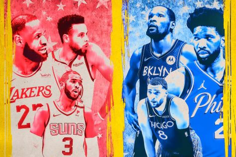 All-Stars LeBron James, Stephen Curry, Chris Paul, Kevin Durant, Joel Embiid, and Zach Lavine