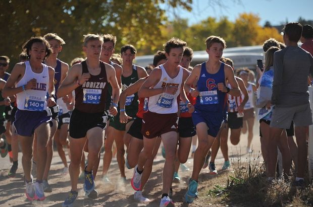 Rocky Mountain’s Dalton Kaines races in the 2021 Colorado State Cross Country Meet. 