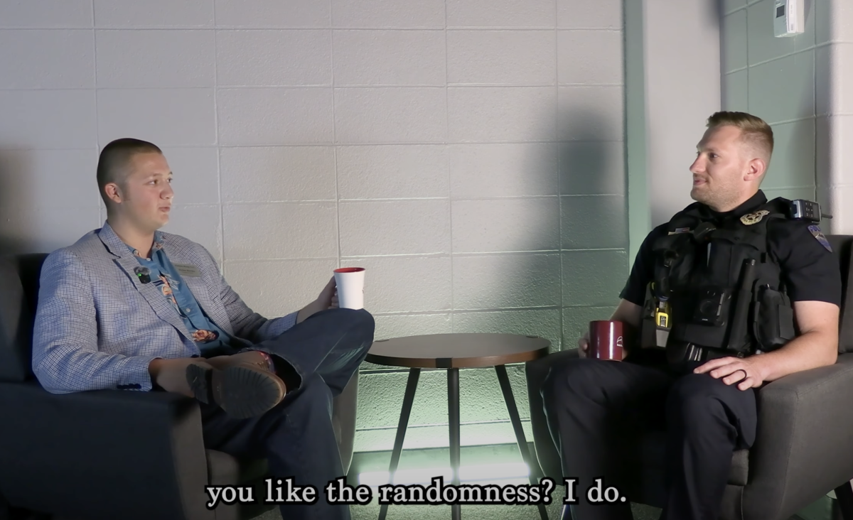 Dylan Bowles and Officer Anliker sit down for a chat on Coffee with a Cop Day.