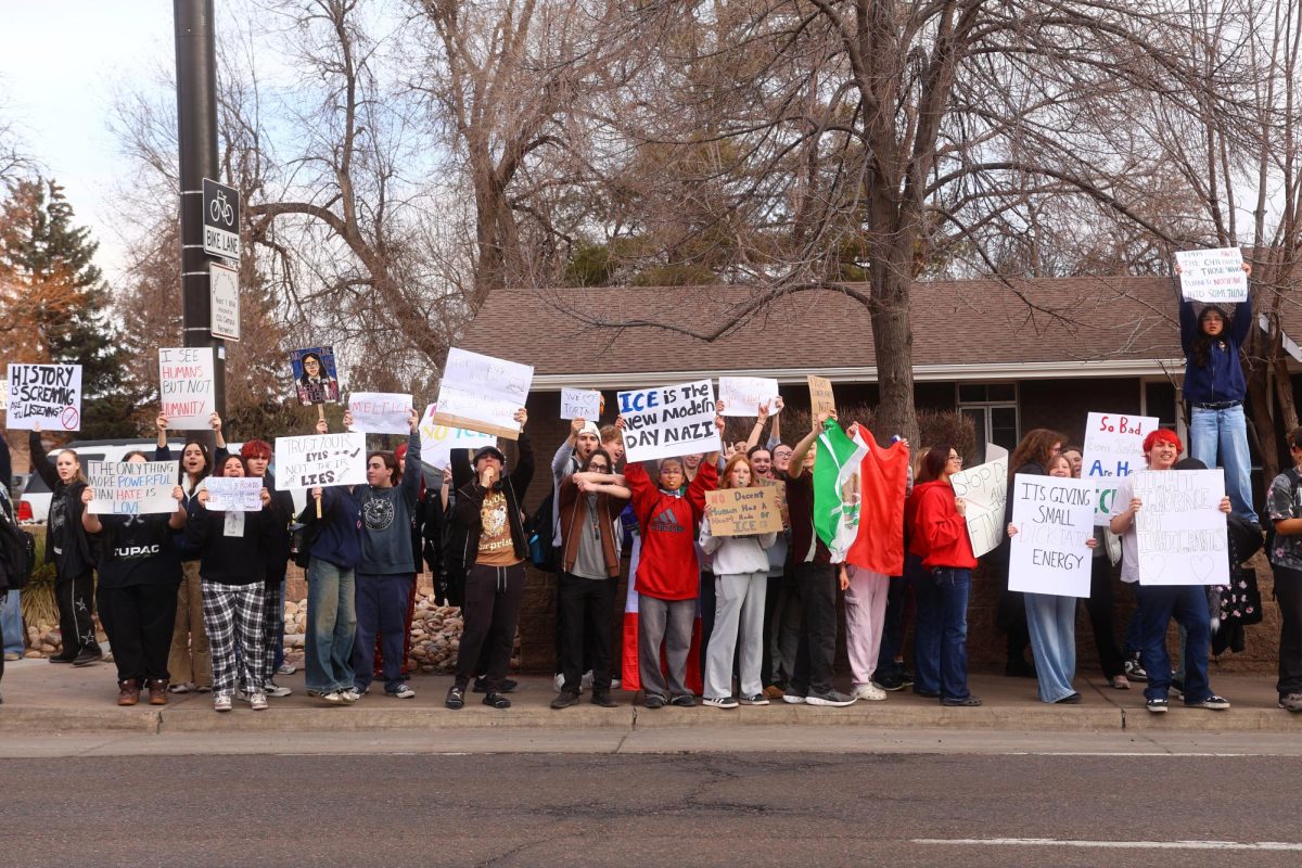Students protest on Shields Street and chant. Rocky students walked over two miles from the school to Colorado State University on February 10. 